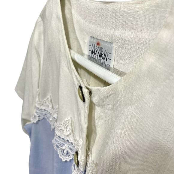 Vintage 80s ILGWU Manikin Woven Charleston Blue & White Pleated Trim Dress - Picture 6 of 13